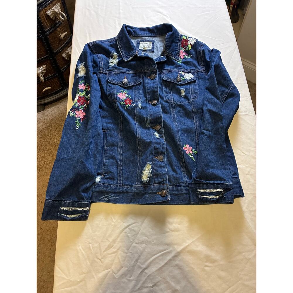 Cottagecore Wax Jean Small Floral Embroidered Distressed Denim Jacket Dark Wash